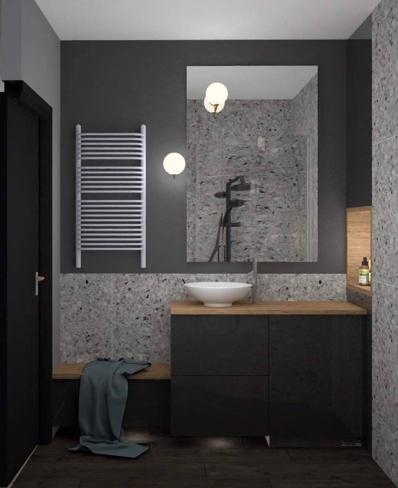 Projekt małej łazienki w grafitowej i szarej kolorystyce, przełamany ciepłym miodowym akcentem drewna.