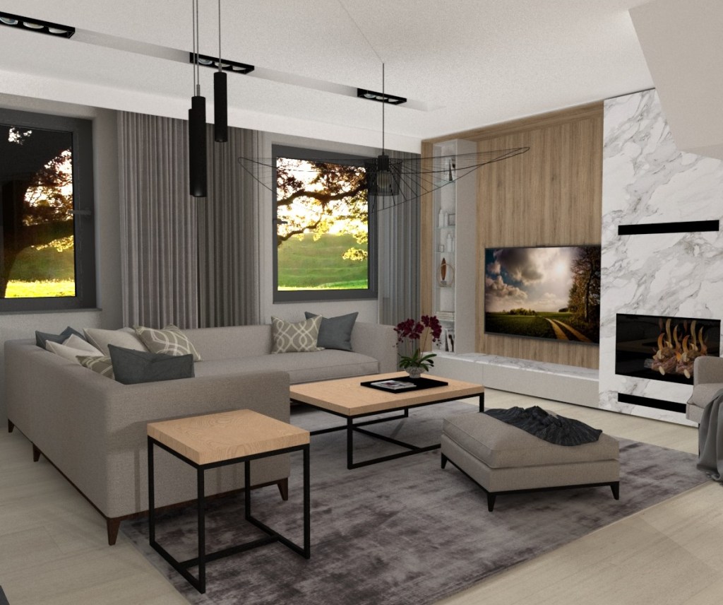 Projekt salonu z kominkiem Wrocław. Minimalizm w kolorystyce i centralnie umieszczony zestaw TV z kominkiem.