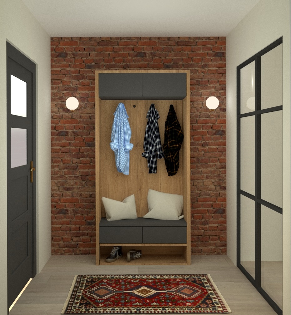 Projekt niewielkiego wiatrołapu z siedziskiem. Projekty wnętrz Wrocław.