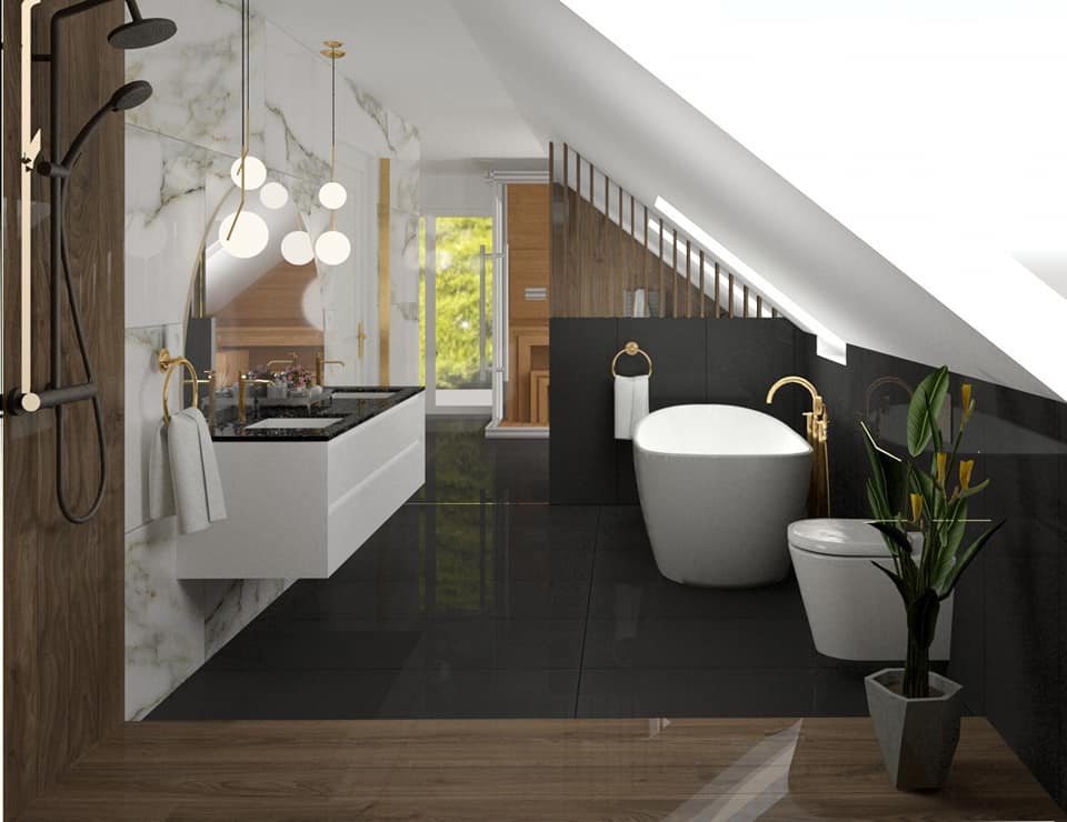 Łazienka na poddaszu z wolnostojącą wanną. Nowoczesna łazienka.