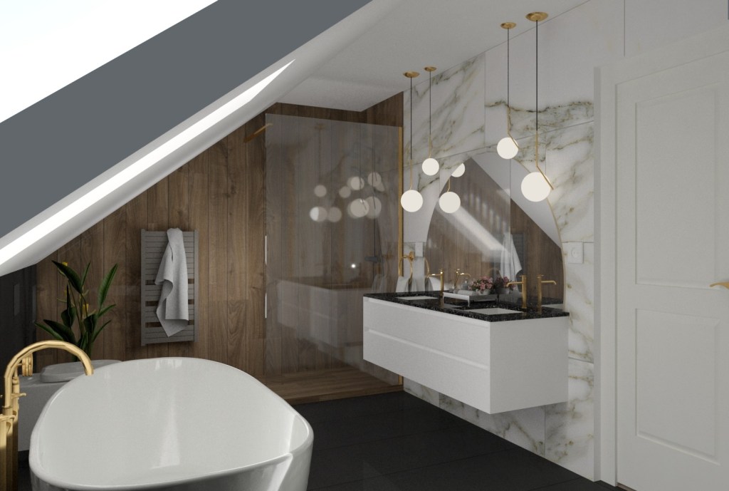 Nowoczesna łazienka na poddaszu. Harmonijny projekt w stylu spa, ekskluzywne materiały wykończeniowe. meble na indywidualne zamówienie inwestora. 