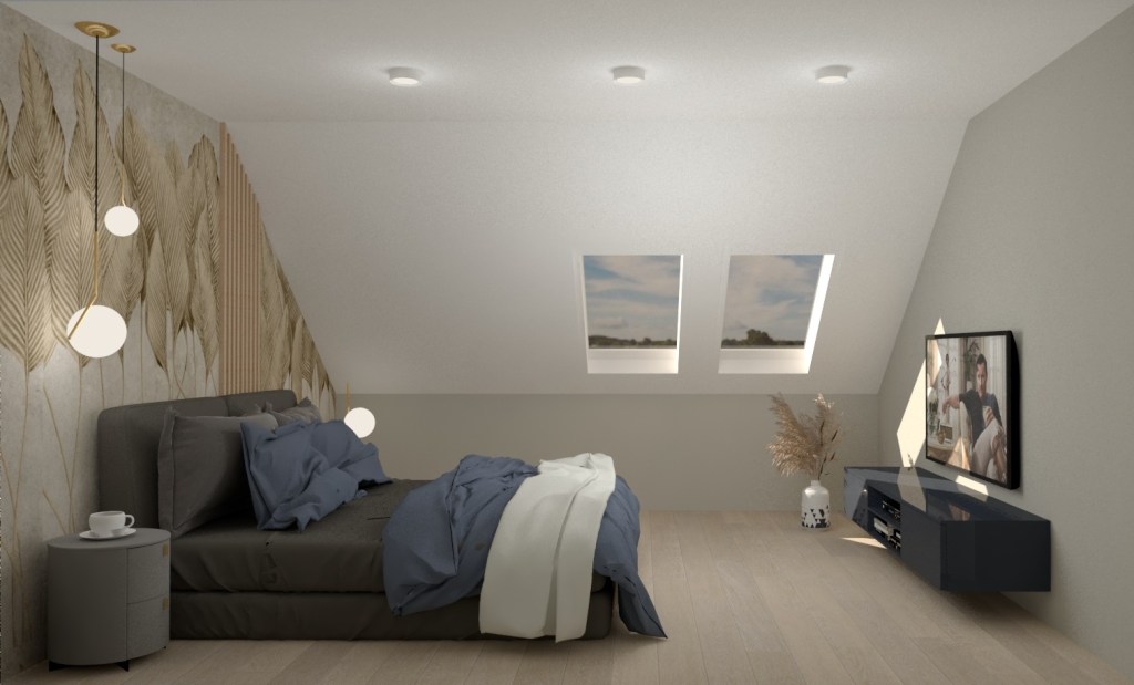 Sypialnia na poddaszu, nowoczesna tapeta, duże centralnie umieszczone łóżko.