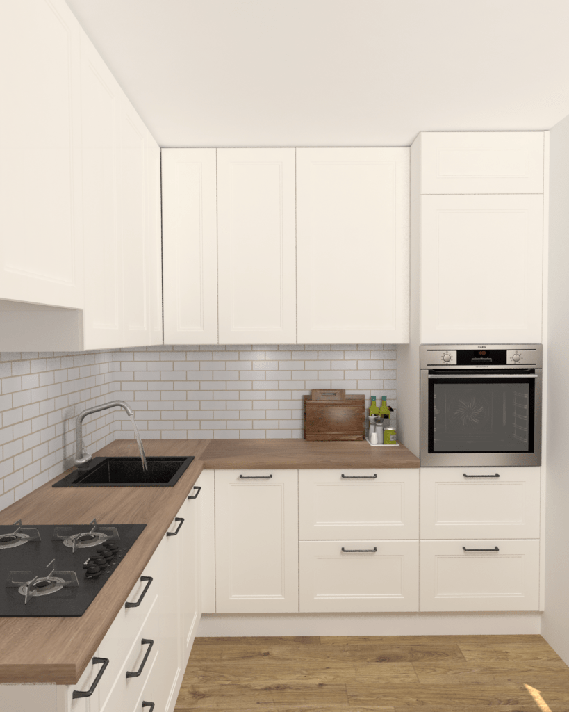 Projekt nowoczesnej kuchni z delikatnym klasycznym frontem. Projekt kuchni Wrocław