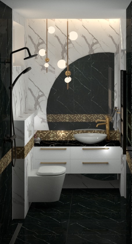 Łazienka glamour zaprojektowana w nowoczesnym domu jednorodzinnym. Projekt łazienki łączy kolor czarny z białym z dodatkami złota.
