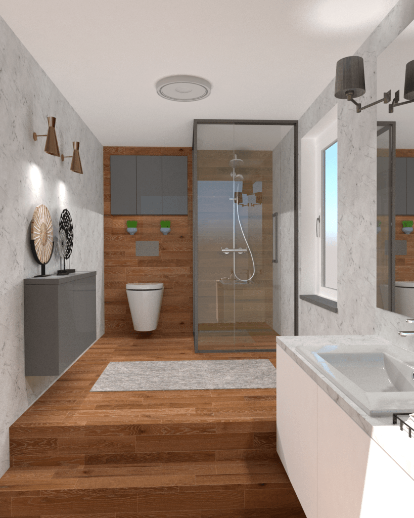 Projekt nowoczesnej łazienki w odcieniach bieli i brązu. Meble łazienkowe na wymiar.