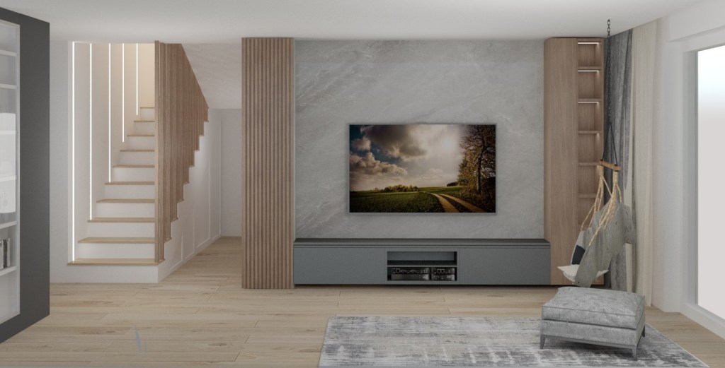 Projekt salonu nowoczesnego z lamelami  i podświetlanymi schodami.