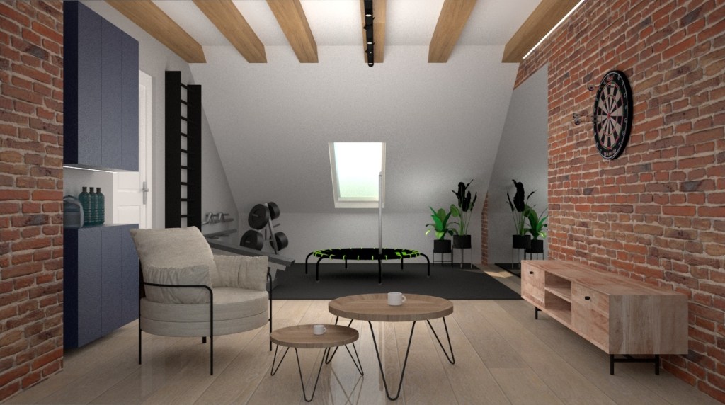 Projekt siłowni i strefy gym, minimalistyczne wzornictwo, odważne połączenie kolorów. 